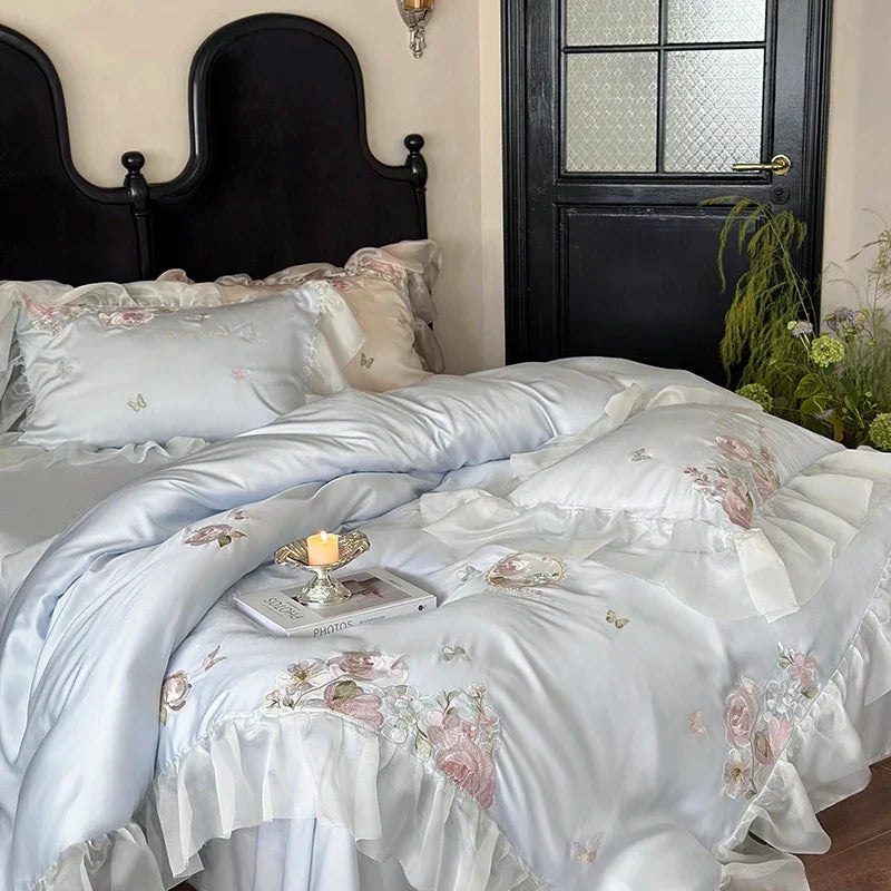 Decobites Vintage Lace Ruffles Embroidery Bedding Set with Duvet, Sheet, and Pillowcases