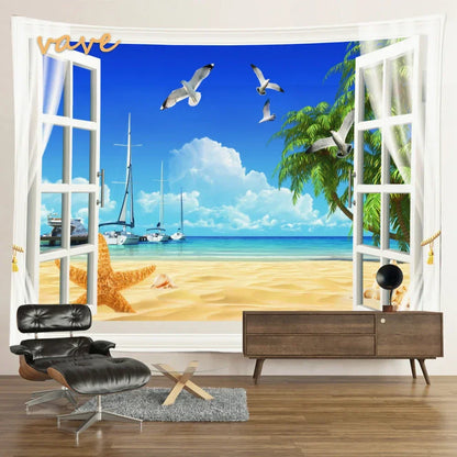 Scenic Sunset Palm Tree Tapestry by Decobites - Boho Beach Landscape Bedroom Decor