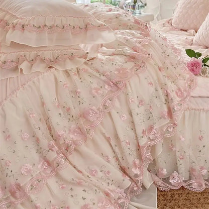 Decobites Winter Velvet Princess Bedding Set with Lace Ruffles and Quilted Bed Skirt