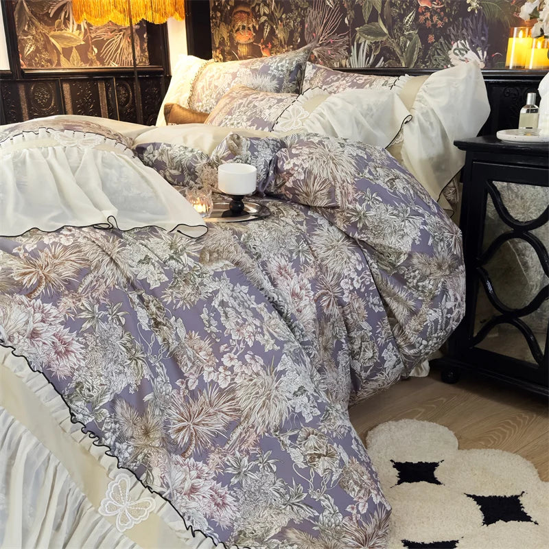 Decobites Exquisite Lace Ruffle Butterfly Egyptian Cotton Bedding Set