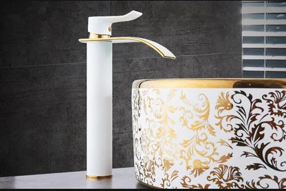 DecorBites™ Gold and White Waterfall Bathroom Basin Faucet Mixer Tap Hot Cold Sink