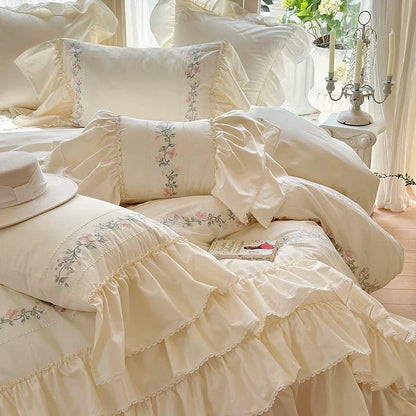 Decobites Luxe Three-Layer Ruffles Flowers Embroidery Cotton Girl Bedding Set 4Pcs