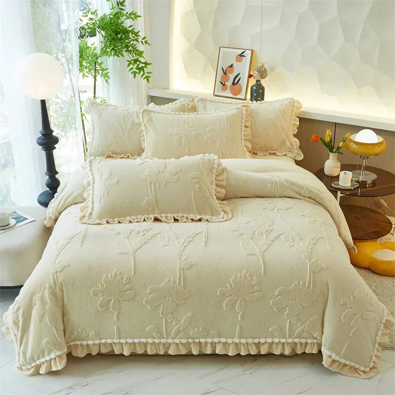 Velvet Ruffles Luxury Bedding Set by Decobites: 3D Carved Plush Duvet Cover, Bed Sheet, Pillowcase