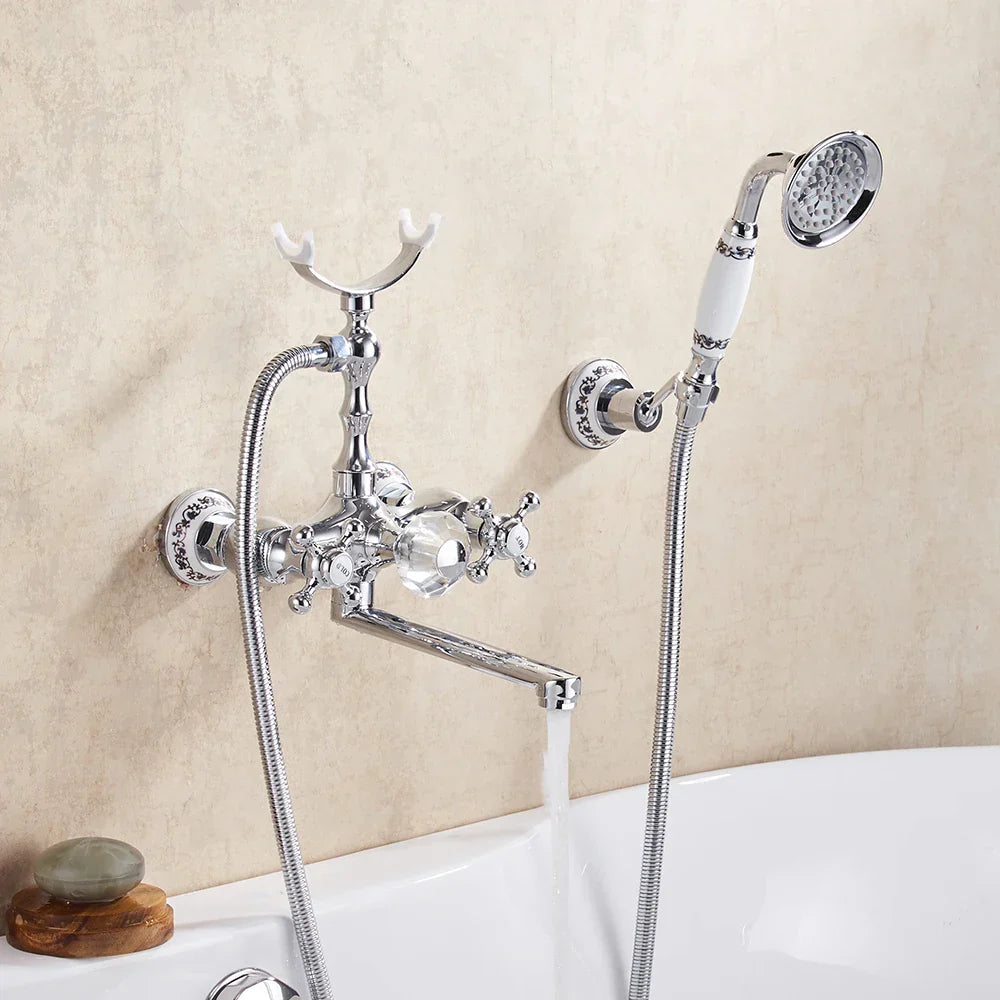 DecorBites™ Gold Brass Wall Mounted Bathtub Faucet with Hand Held Shower Kit