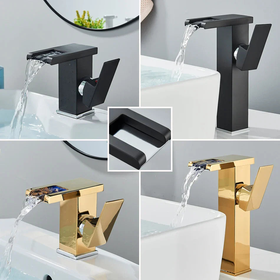 Grifo mezclador de agua fría y caliente con cascada LED DecorBites™ para lavabo de baño, montaje sobre encimera