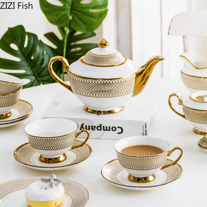 DecorBites™ Gold Ceramic Tea Set for Dining Table, Coffee Mug, Teapot, Afternoon Tea & Beverage Container