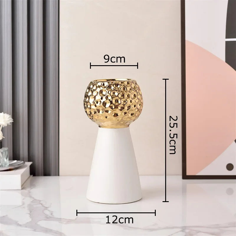 Jarrón de cerámica con patrón de martillo dorado Decorbites™: Maceta creativa para decoración de mesa y arreglo floral