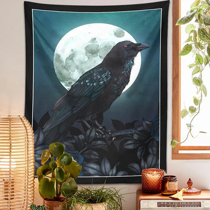 Decobites Raven & Moon Gothic Tapestry Wall Hanging for Dark Rose Bird Lover Room