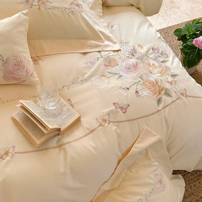 Decobites Rose Flowers Embroidery Cotton Bedding Set - Single Queen King Size