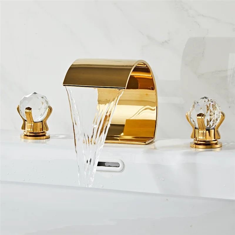 DecorBites™ Gold Crystal Handle Bathroom Faucet - Widespread Brass Sink Tap