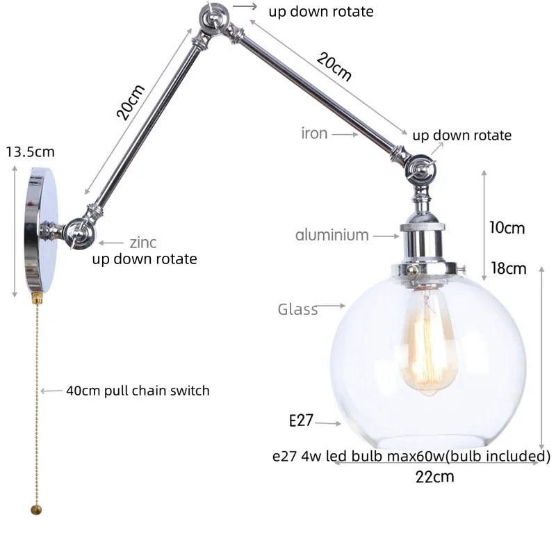 DecorBites™ Chrome Industrial LED Wall Sconce Swing Arm Clear Glass Lamp