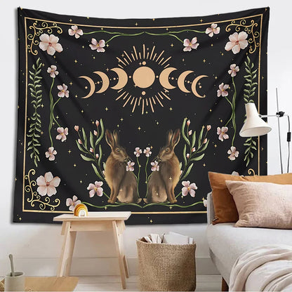 Decobites Moon Phase Rabbit Tarot Cloth Celestial Botanical Wall Hanging