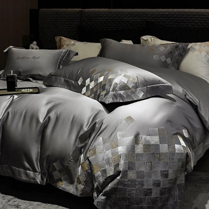 طقم مفروشات سرير فاخرة مطرزة من ديكوربايتس™، مكون من 4 قطع، باللون الأبيض اللؤلؤي/الرمادي، من قماش الساتان والقطن المزخرف