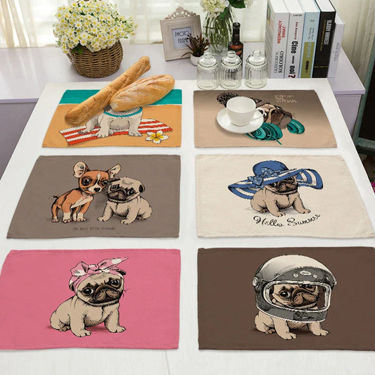 DecorBites™ Cute Dog Linen Dining Mats Coasters 42*32cm Home Decor