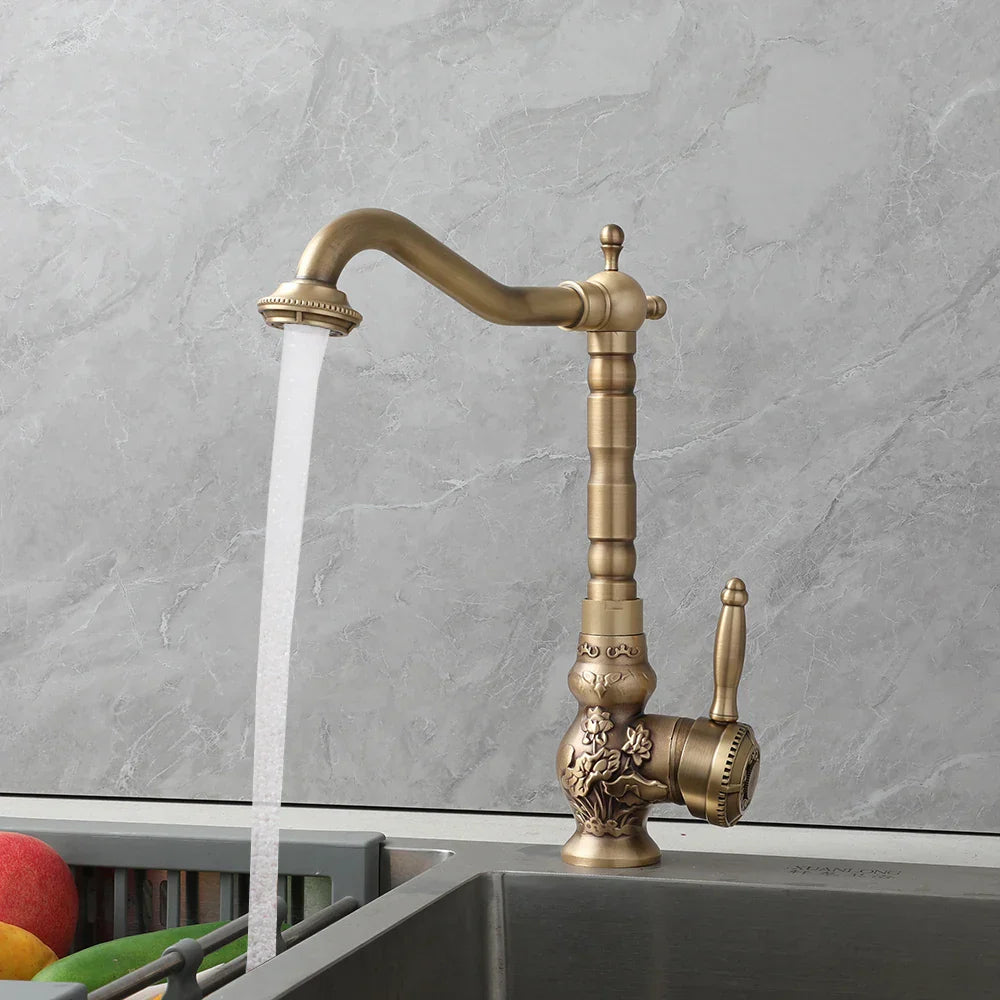 DecorBites™ Antique Brass Basin Faucet, 360 Rotation Art Design Kitchen Mixer Tap.