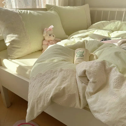 DecorBites™ Lace Duvet Cover Bedding Set 4Pcs French Washed Cotton for Single Double Bed