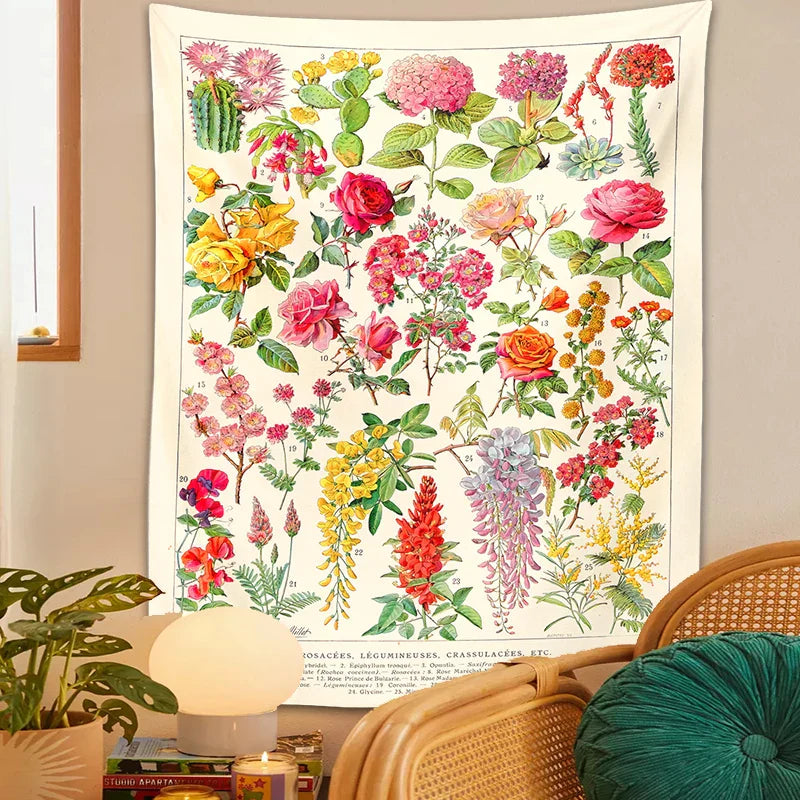 Tapiz floral botánico DecorBites™ para colgar en la pared, ilustración de jardín, flores, cactus, estilo boho hippie, decoración para dormitorio