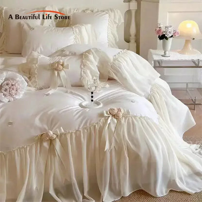 Decobites Romantic Rose Lace Ruffles Princess Wedding Bedding Set - 1200TC Egyptian Cotton