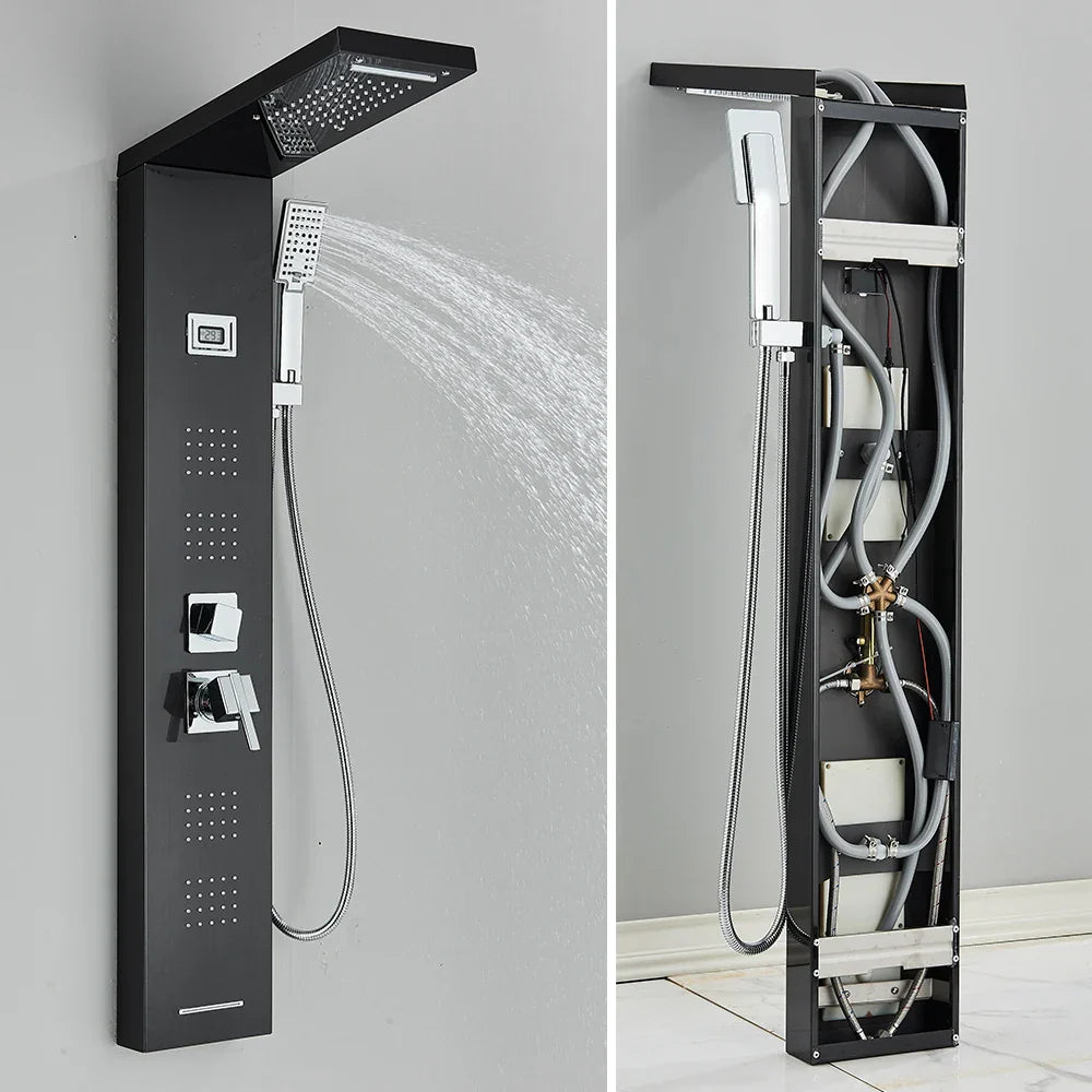 DecorBites™ Black Massage Jet Rainfall Shower Panel with Temperature Display 5 Modes