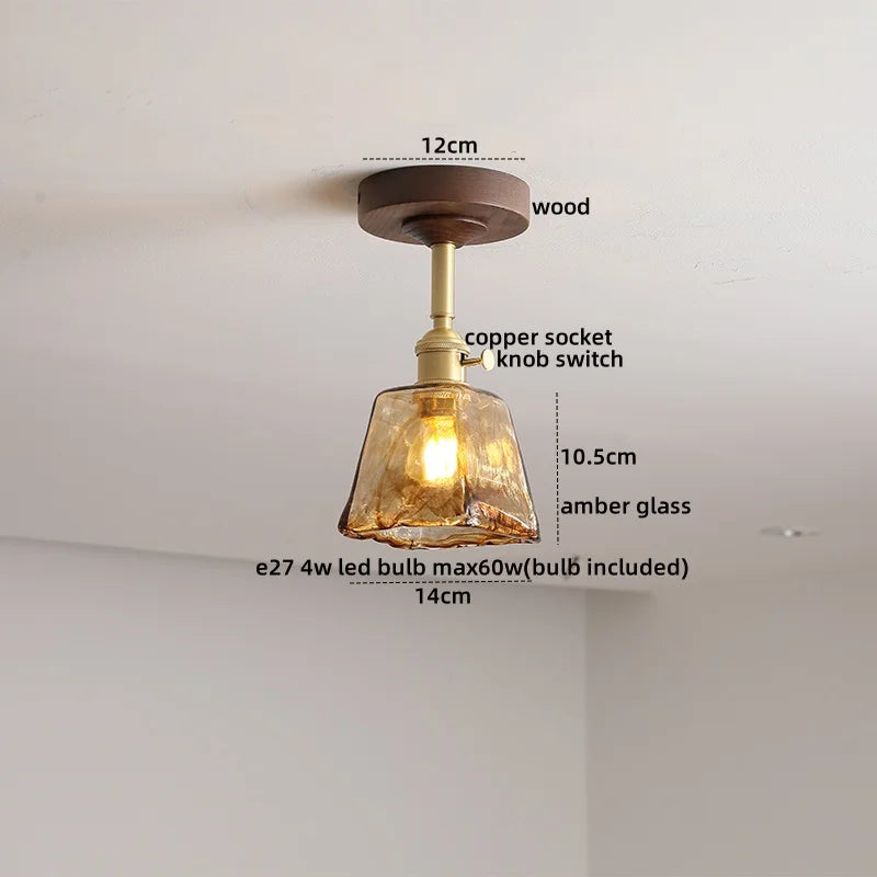 Green Glass Ceiling Lamp Copper Wood Accent