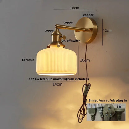 DecorBites™ Ceramic LED Wall Sconce with Walnut Wood Pull Chain Switch - Nordic Style