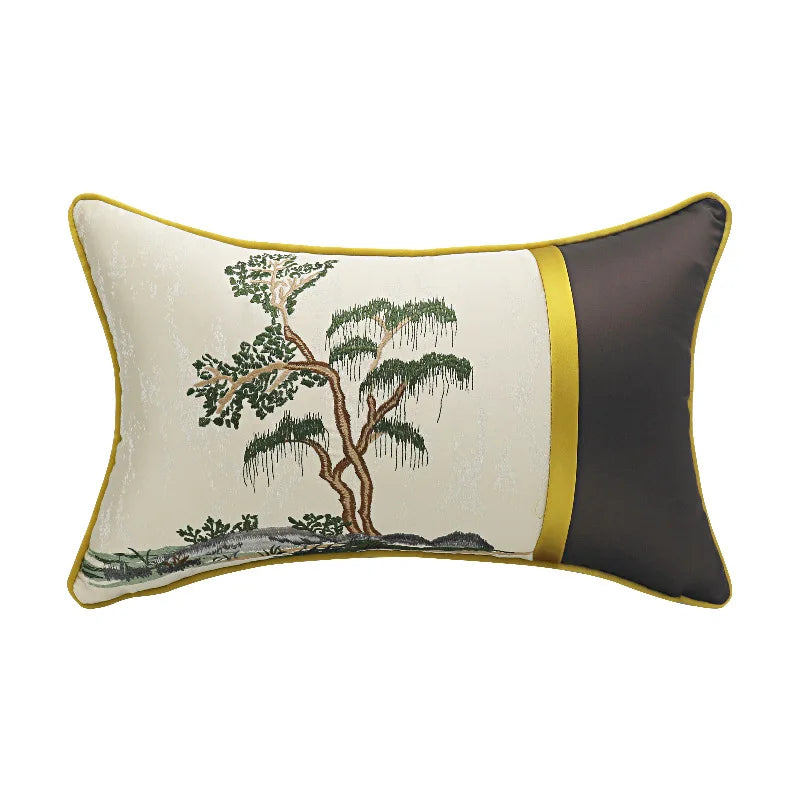 DecorBites™ Chinese Ancient Art Chinoiserie Landscape Embroidered Lumbar Pillow Cover