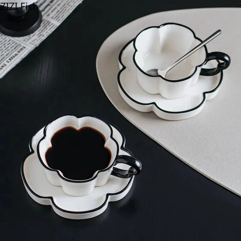 DecorBites™ Black Edged Flower Mug Set - Ceramic Cup & Saucer for Tea, Coffee, and Juice