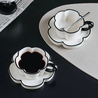 DecorBites™ Black Edged Flower Mug Set - Ceramic Cup & Saucer for Tea, Coffee, and Juice