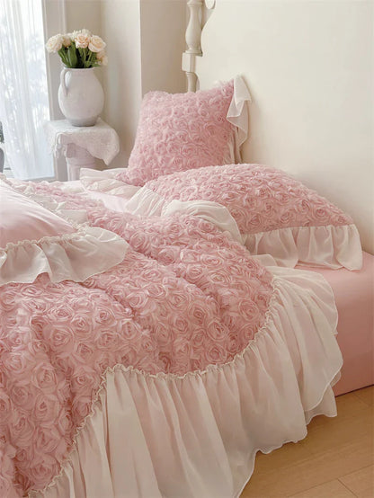 Decobites Pink Rose Flowers Lace Ruffles Bedding Set, Duvet Cover, Sheet, Pillowcases