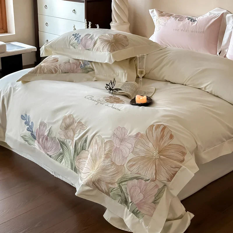 Decobites Luxury Flowers Embroidery Bedding Set Cream White 1000TC Egyptian Cotton Princess Suite