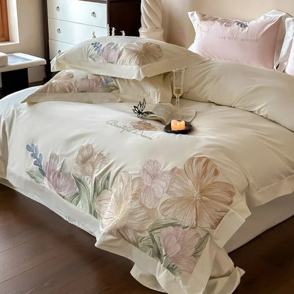 Decobites Luxury Flowers Embroidery Bedding Set Cream White 1000TC Egyptian Cotton Princess Suite