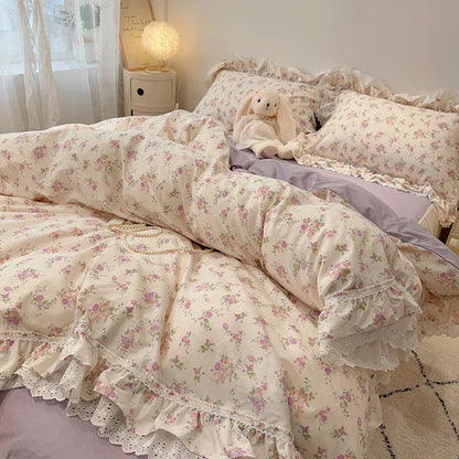 Decobites Korean Princess Style Floral Lace Ruffles Bedding Set with Pillowcase