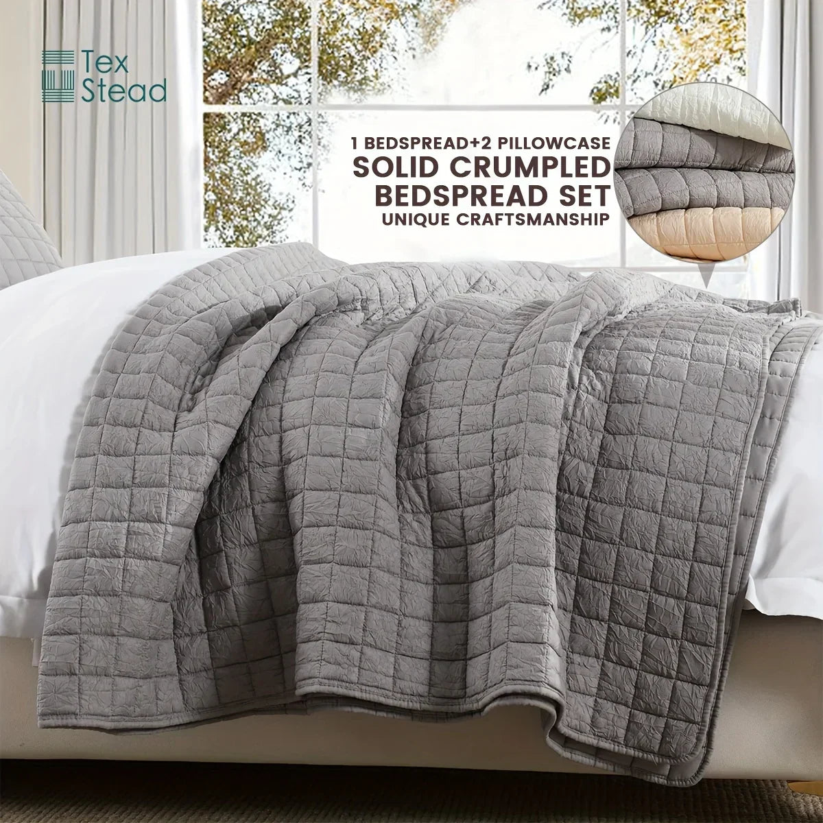 Decobites Soft Crumpled Bedspread Set (1 Bedspread + 2 Pillowcases) - Breathable & Comfortable