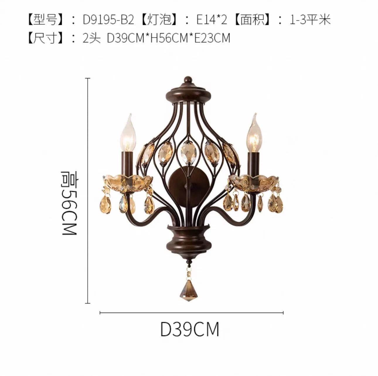 Lámpara de pared DecorBites™ Crystal Candle LED E14 de hierro forjado para sala de estar, dormitorio o bar