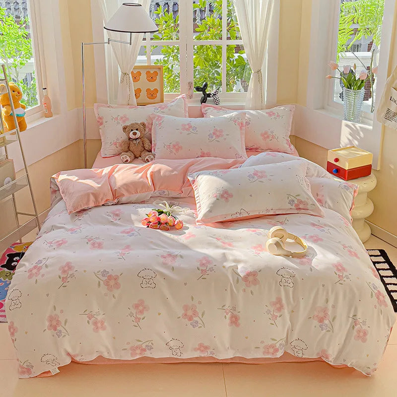DecorBites™ Cartoon Printed Bedding Set: Soft Cozy Duvet Cover, Bedsheet, Pillowcase, Single Double Bedclothes