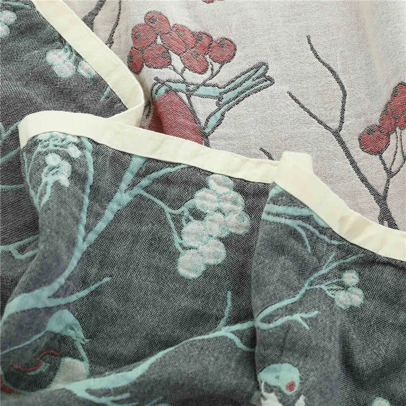 DecorBites™ Japanese Cotton Single Bedspread with Pillow Towel - Floral Birds Design