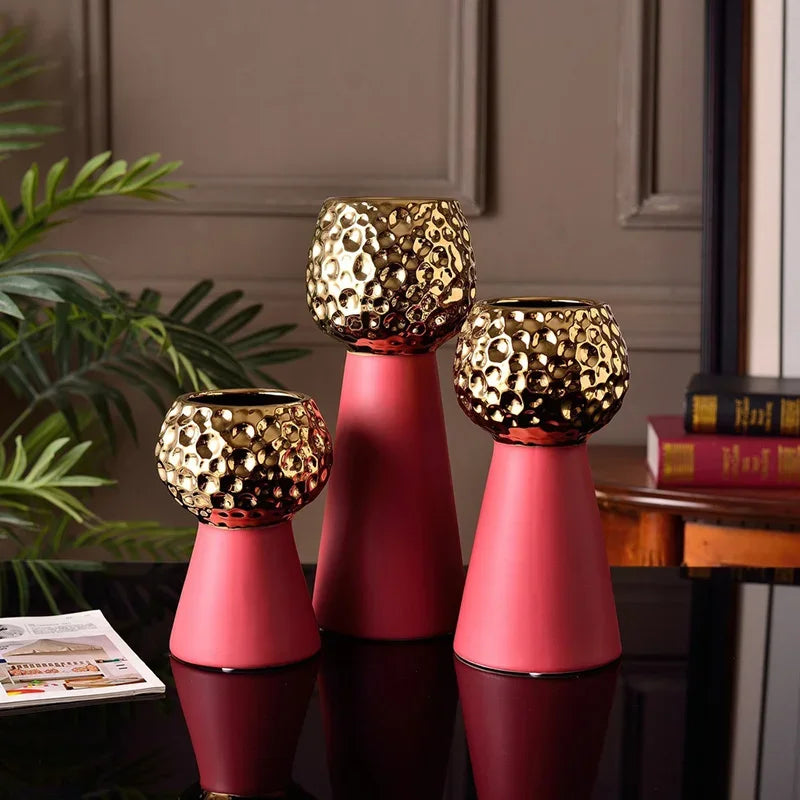 Jarrón de cerámica con patrón de martillo dorado Decorbites™: Maceta creativa para decoración de mesa y arreglo floral
