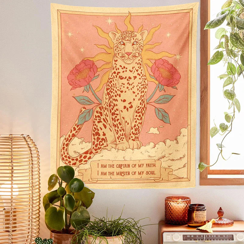 Bohemian Sun Tapestry Wall Hanging by Decobites - Tiger Floral Tarot Moon Aesthetic