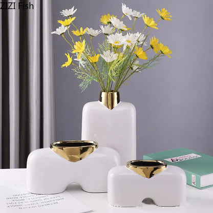 DecorBites™ Gold Ceramic Vase Desk Decor Artificial Flower Arrangement Aesthetic Room Vase