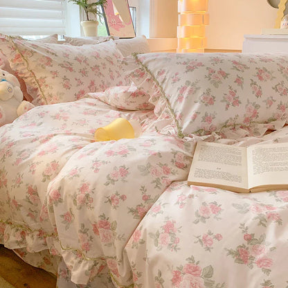 Decobites Floral Lace Ruffles Girl Bedding Set with Quilt/Duvet Cover, Sheet & Pillowcases