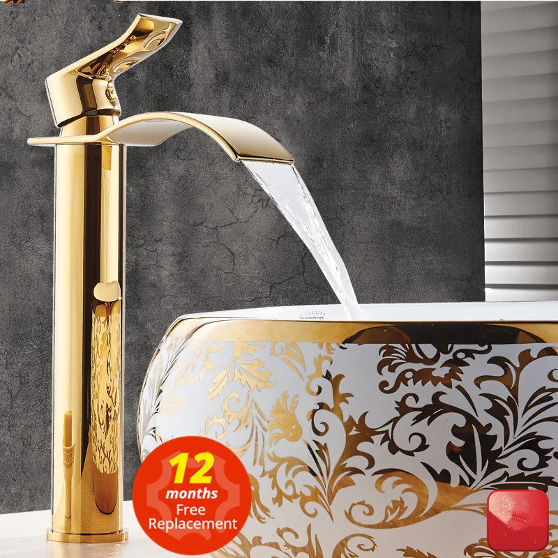 DecorBites™ Gold and White Waterfall Bathroom Basin Faucet Mixer Tap Hot Cold Sink