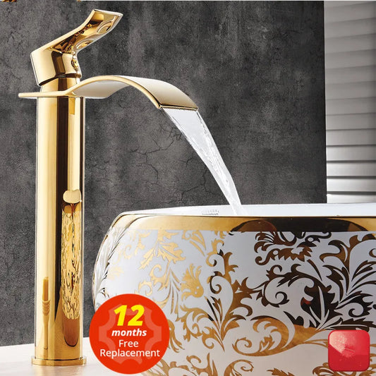 DecorBites™ Gold and White Waterfall Bathroom Basin Faucet Mixer Tap Hot Cold Sink