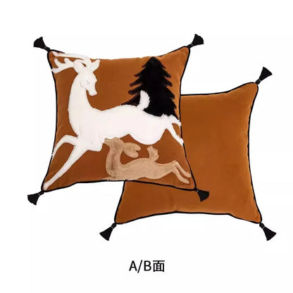 DecorBites™ Handmade Reindeer Applique Embroidery Christmas Cushion Cover - Festive Xmas Holiday Decor