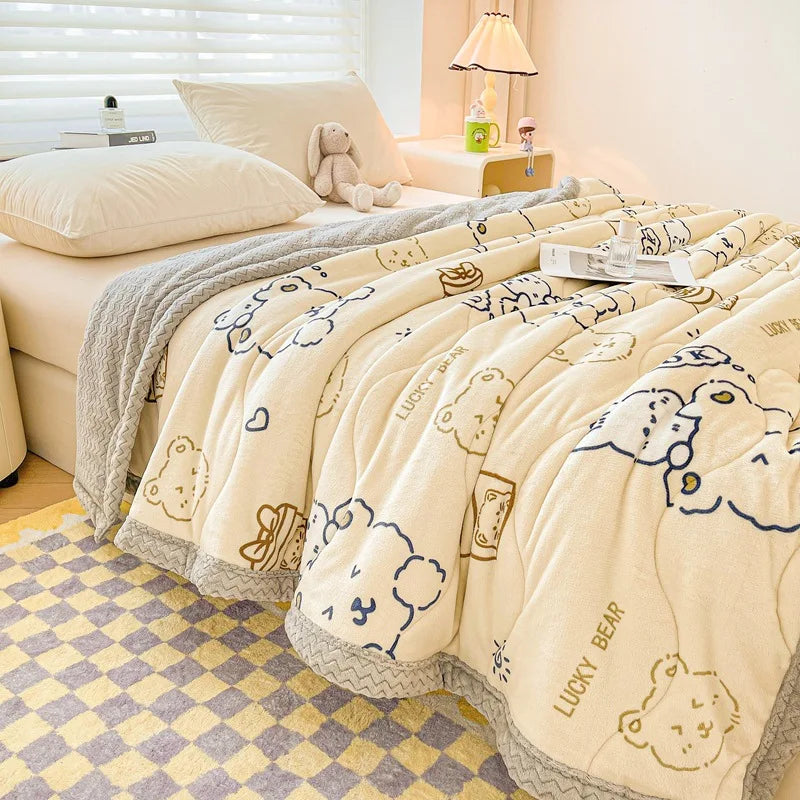 DecorBites™ Cartoon Print Three-Layer Velvet Blanket for Cozy Winter Bedding