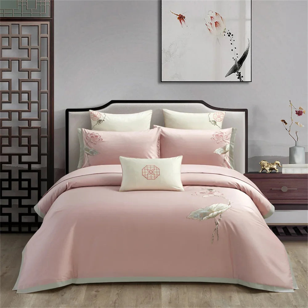 Decobites Pink Satin Jacquard Lotus Duvet Set 4Pcs Queen King Bedlinens