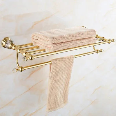 DecorBites™ Brass and Crystal Bathroom Accessories Set: Shelf, Robe Hook, Paper Holder, Brush Holder