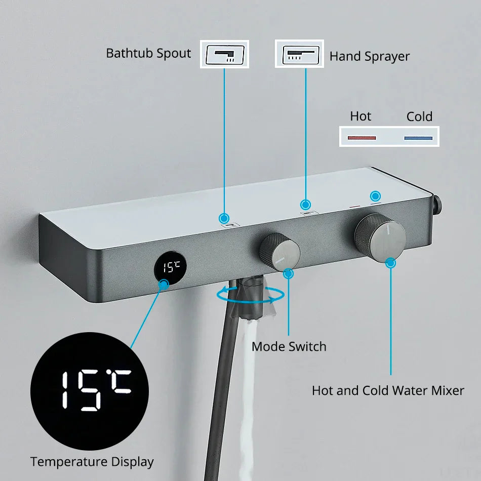 DecorBites™ Grey Digital Shower Faucet Set 2-Way Mixer System for Bathroom with Hand Sprayer