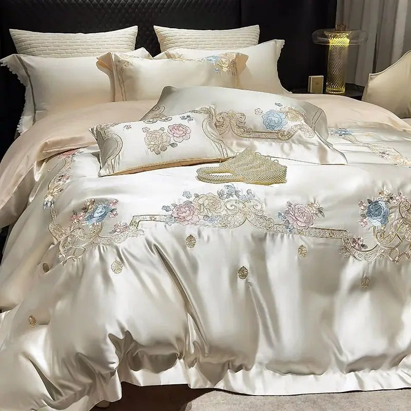 Decobites Luxe Brocade Cotton Flowers Embroidery Bedding Set Cream/Champagne Patchwork