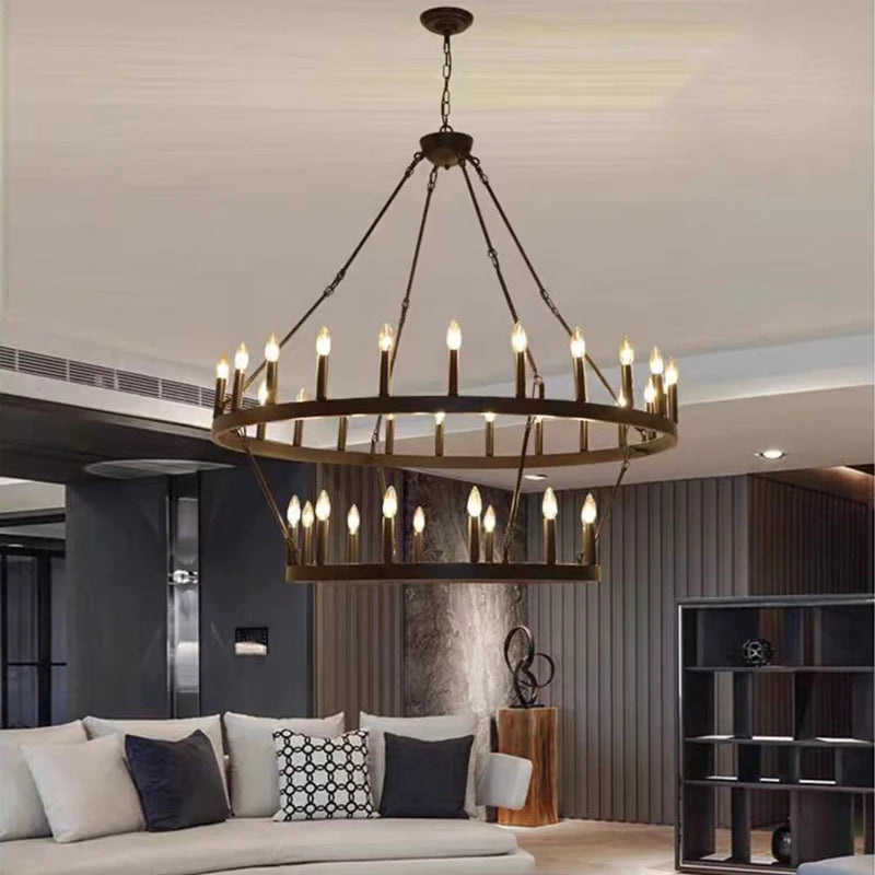 Modern Retro Industrial Iron Round LED Pendant Black Metallic Hanging Living Room Cafe Restaurant Decoration Suspend Chandeliers