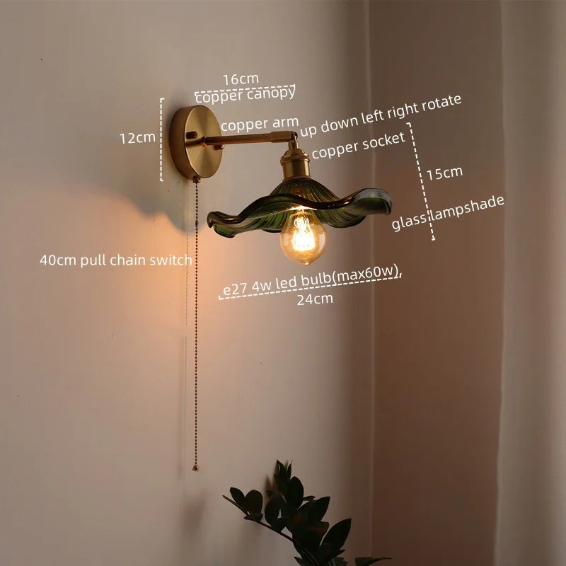 DecorBites™ LED Glass Copper Wall Sconce Pull Chain Switch Lamp for Bedroom Living Room